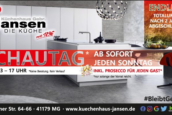 Auf dem Bild wird eine Annonce des Küchenhauses Gebr. Jansen gezeigt, die einen Schautag ankündigt, der ab sofort jeden Sonntag stattfindet, mit Prosecco für jeden Gast.