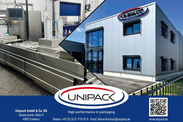 Das Bild zeigt eine moderne Verpackungsmaschine und ein Gebäude mit dem Unipack-Logo.