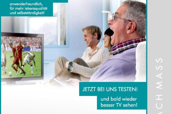 Das Bild zeigt eine Werbeanzeige eines Optikers für Fernrohrsysteme, die es Menschen erleichtern soll, besser TV zu sehen.