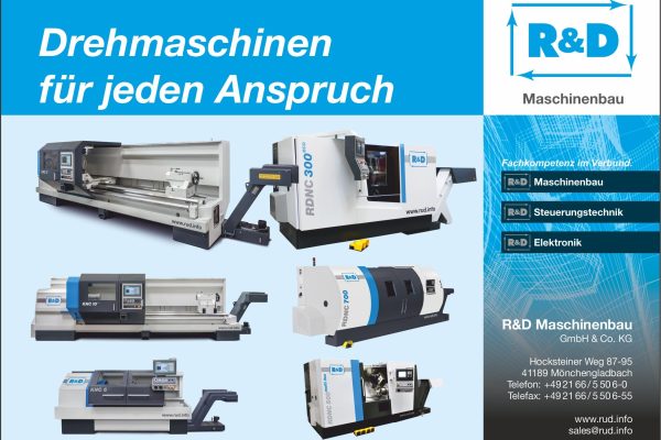 Auf dem Bild sieht man eine Werbung von R&D Maschinenbau mit Abbildungen verschiedener Drehmaschinen und Informationen zur Firma.