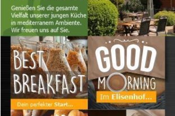 Das Bild zeigt eine Werbeanzeige für das Restaurant Elisenhof mit Informationen über die Gartenterrasse und Frühstücksangebote.