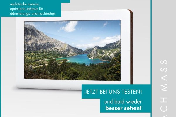 Das Bild ist eine Werbeanzeige für einen Sehtest mit 3D-Technik bei einem Augenoptiker namens Stefan Marquardt, die realistische und eindrucksvolle Szenen zeigt.