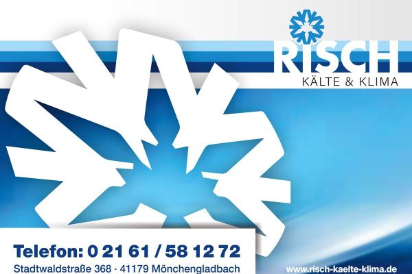 Das Bild zeigt ein Logo von "Risch Kälte & Klima" mit einer stilisierten Schneeflocke, Kontaktinformationen und einer blauen, abstrakten Hintergrundgestaltung.