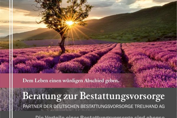 Das Bild zeigt eine Werbeanzeige für Bestattungen des Unternehmens "Jürgen Wackerzapp" mit dem Angebot der Beratung zur Bestattungsvorsorge und einem Bild von einem Feld bei Sonnenuntergang.