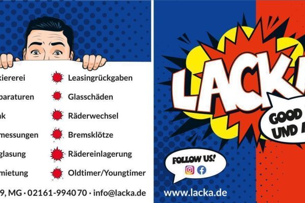 Das Bild ist eine zweigeteilte Werbeanzeige für eine Autowerkstatt in Comic-Stil, die verschiedene Dienstleistungen wie Lackiererei und Unfallreparaturen anbietet und auf ihre Website und Social-Media-Präsenz hinweist.